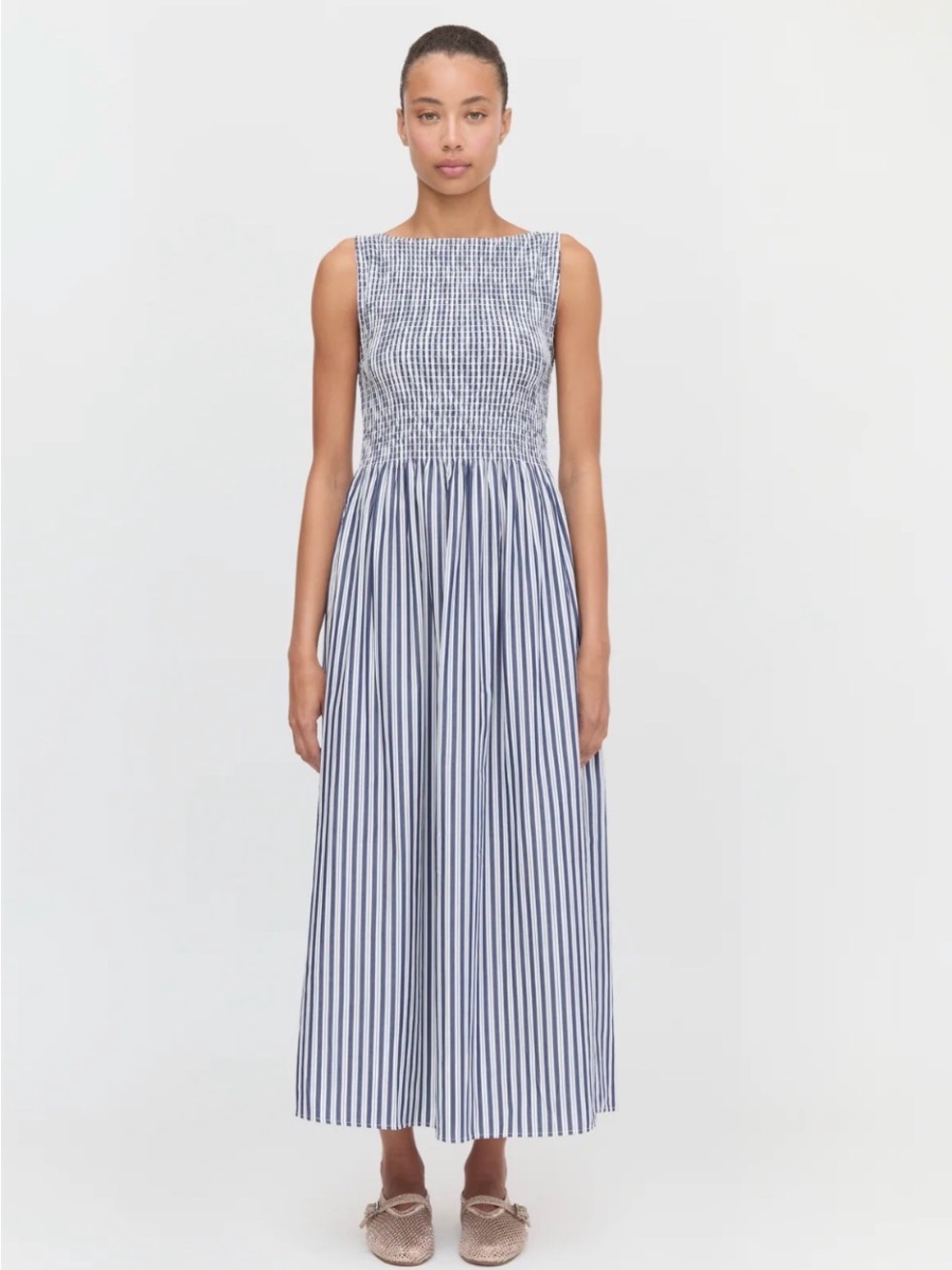 Hillhouse Cosima Napdress- Blue and White Striped Smocked Maxi Dress, size med